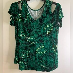 Cathy Palm Tunic Top Womens 2XL Green Flowy Stretch Short Sleeve Cut Outs